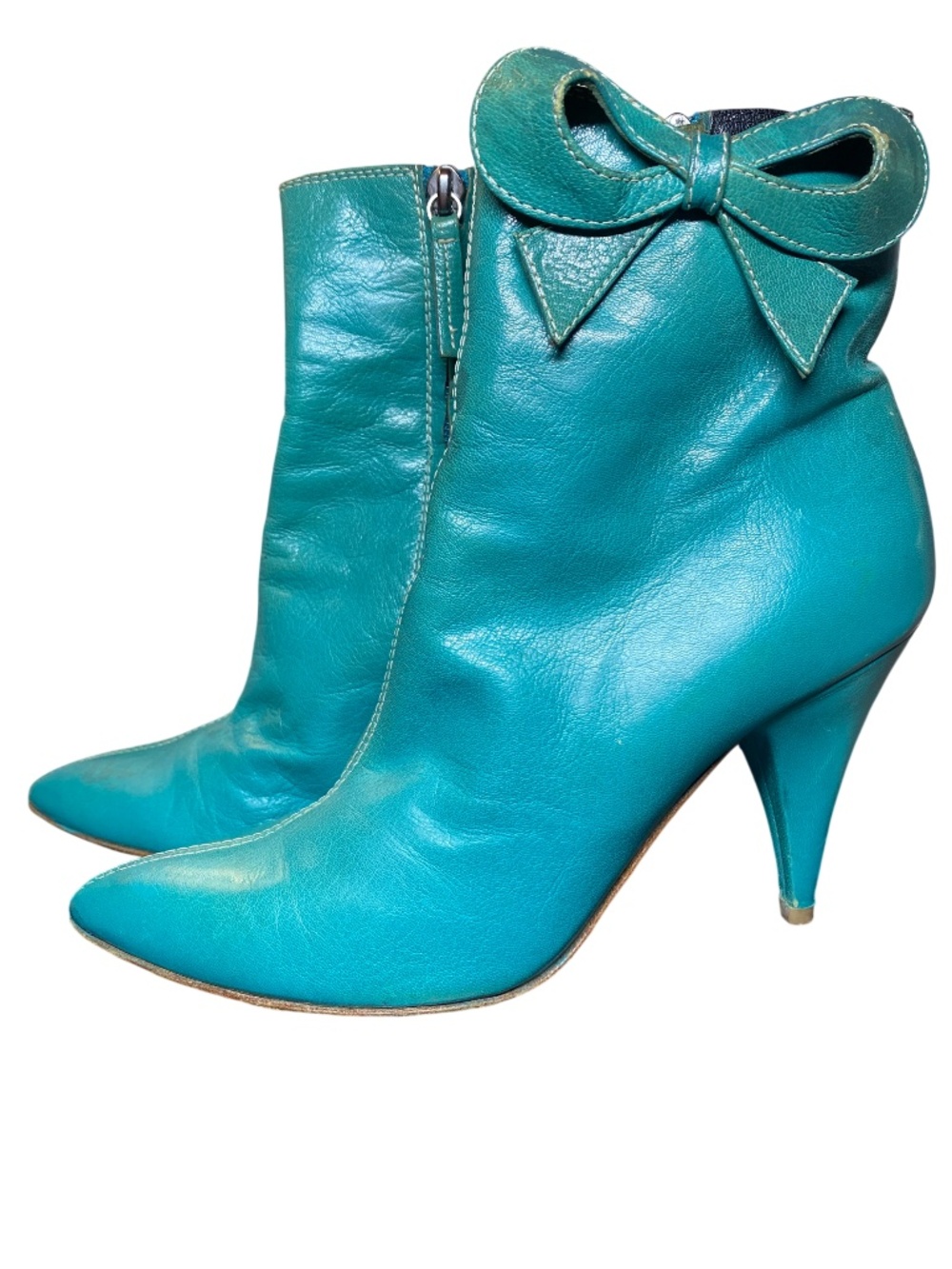 Vintage Moschino Cheap and Chic Turquoise Leather Bow Ankle Booties Heels 37 - 7